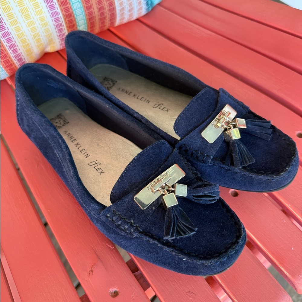 Anne Klein Blue Suede Loafers with Gold Hardware